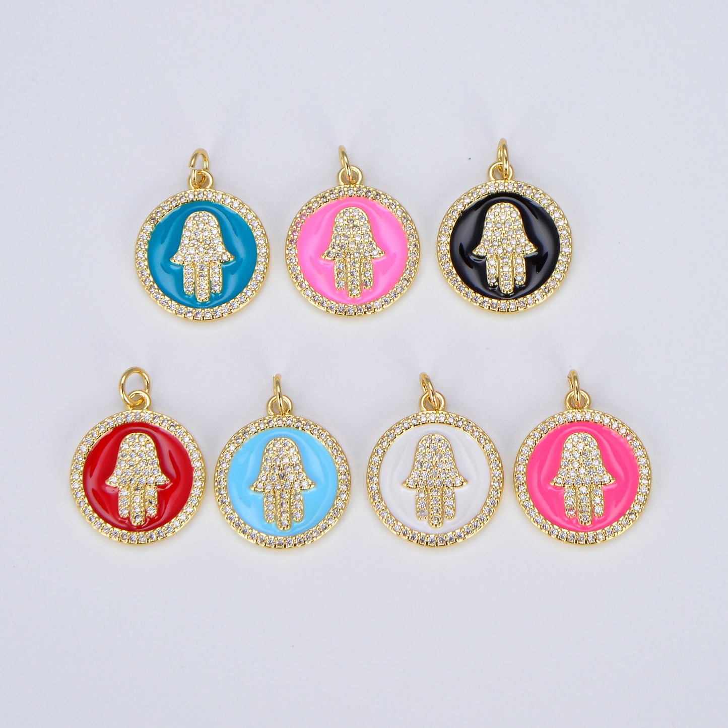 Dainty Gold Hamsa Hand charm, 14K Gold Coin Charm Hand of Fatima Charm Bracelet Necklace Earring Component Colorful Enamel Pendant E306