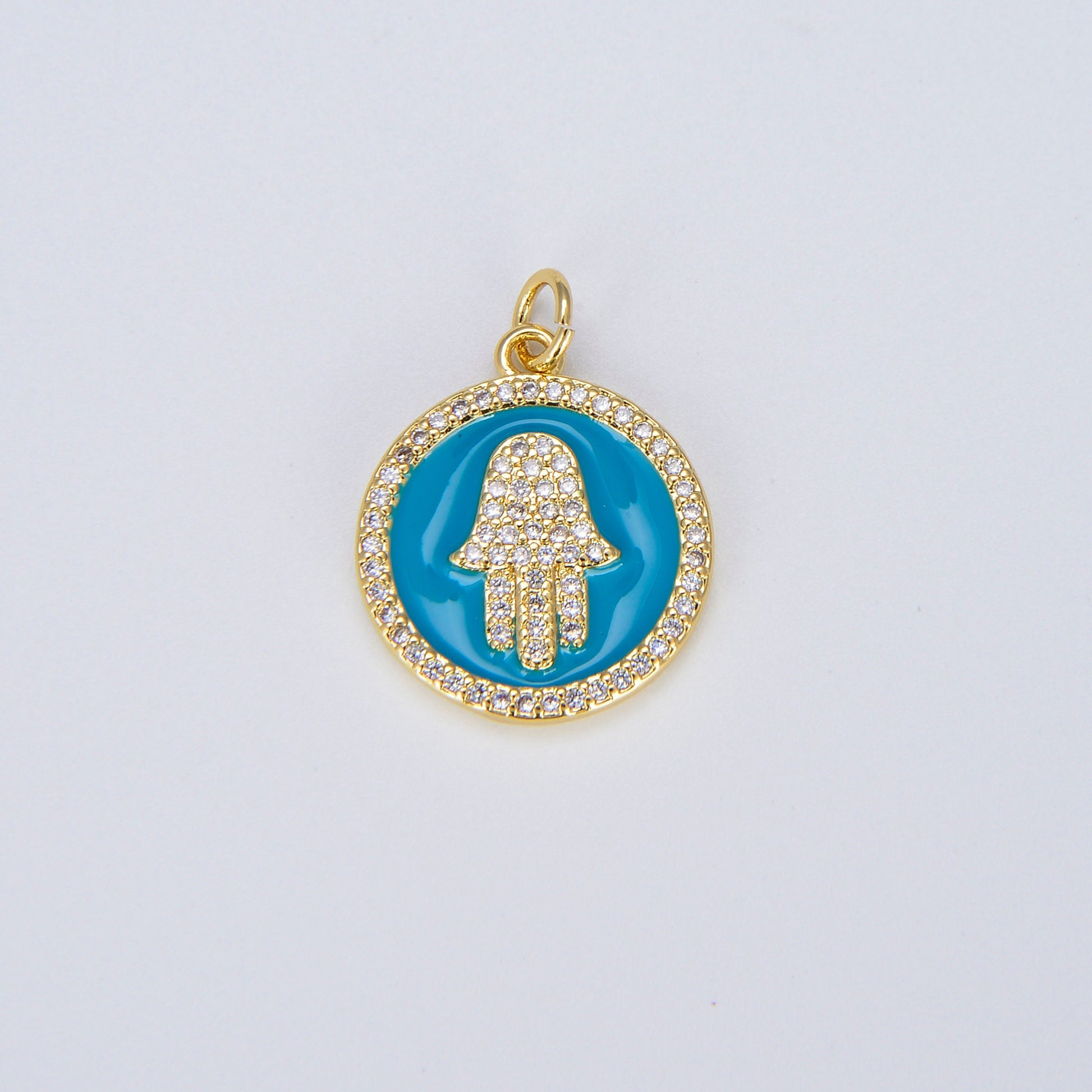 Dainty Gold Hamsa Hand charm, 14K Gold Coin Charm Hand of Fatima Charm Bracelet Necklace Earring Component Colorful Enamel Pendant E306