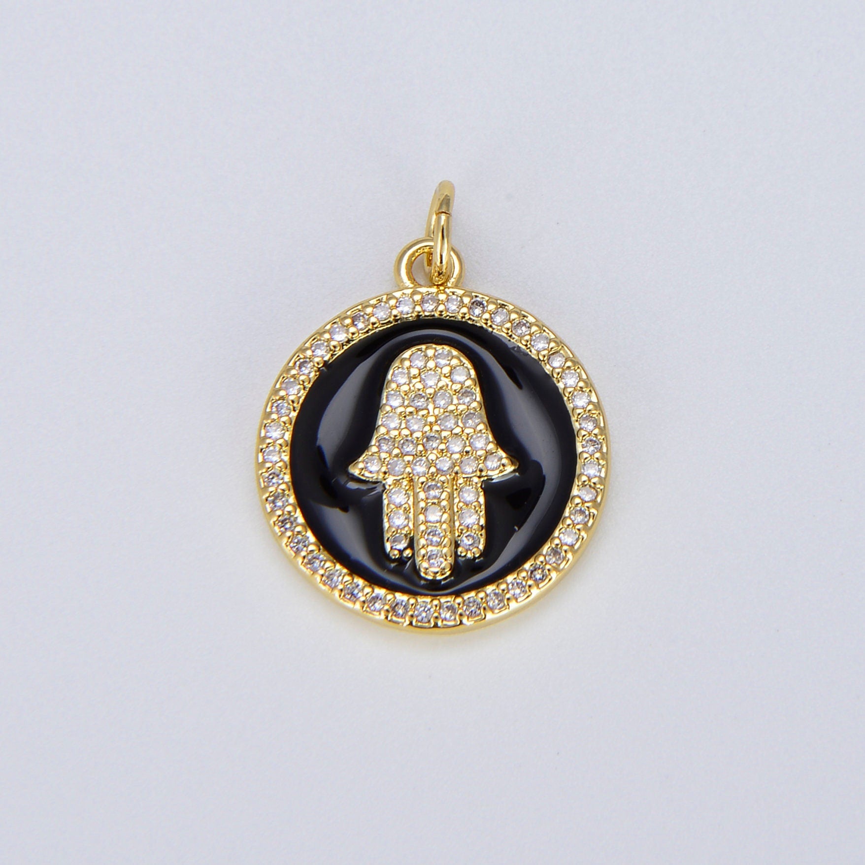 Dainty Gold Hamsa Hand charm, 14K Gold Coin Charm Hand of Fatima Charm Bracelet Necklace Earring Component Colorful Enamel Pendant E306