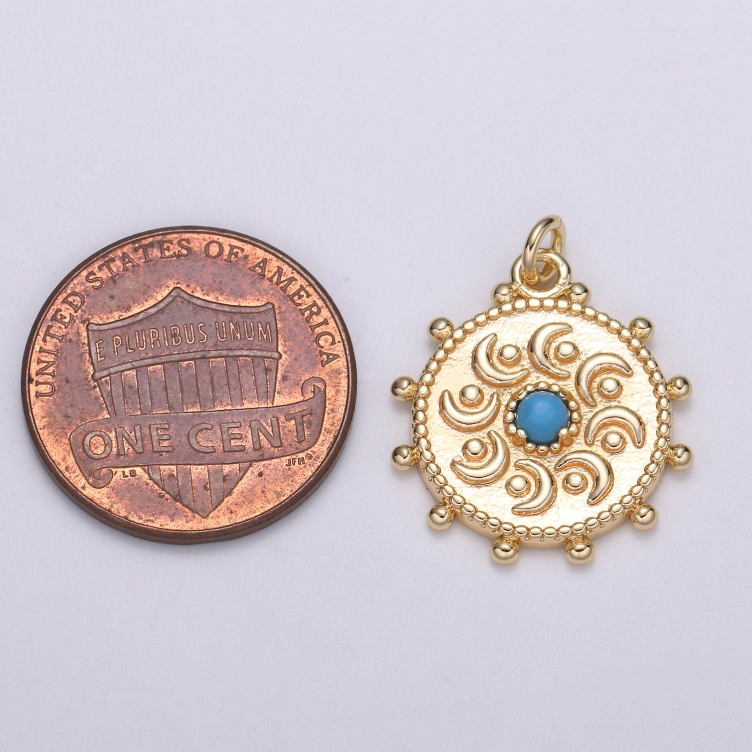 1Pc Gold chakra Charms, Dainty Turquoise Yoga charm in Round Disc Charm Medallion for Necklace, Cresent Moon Bohemian Pendant chgf-2111