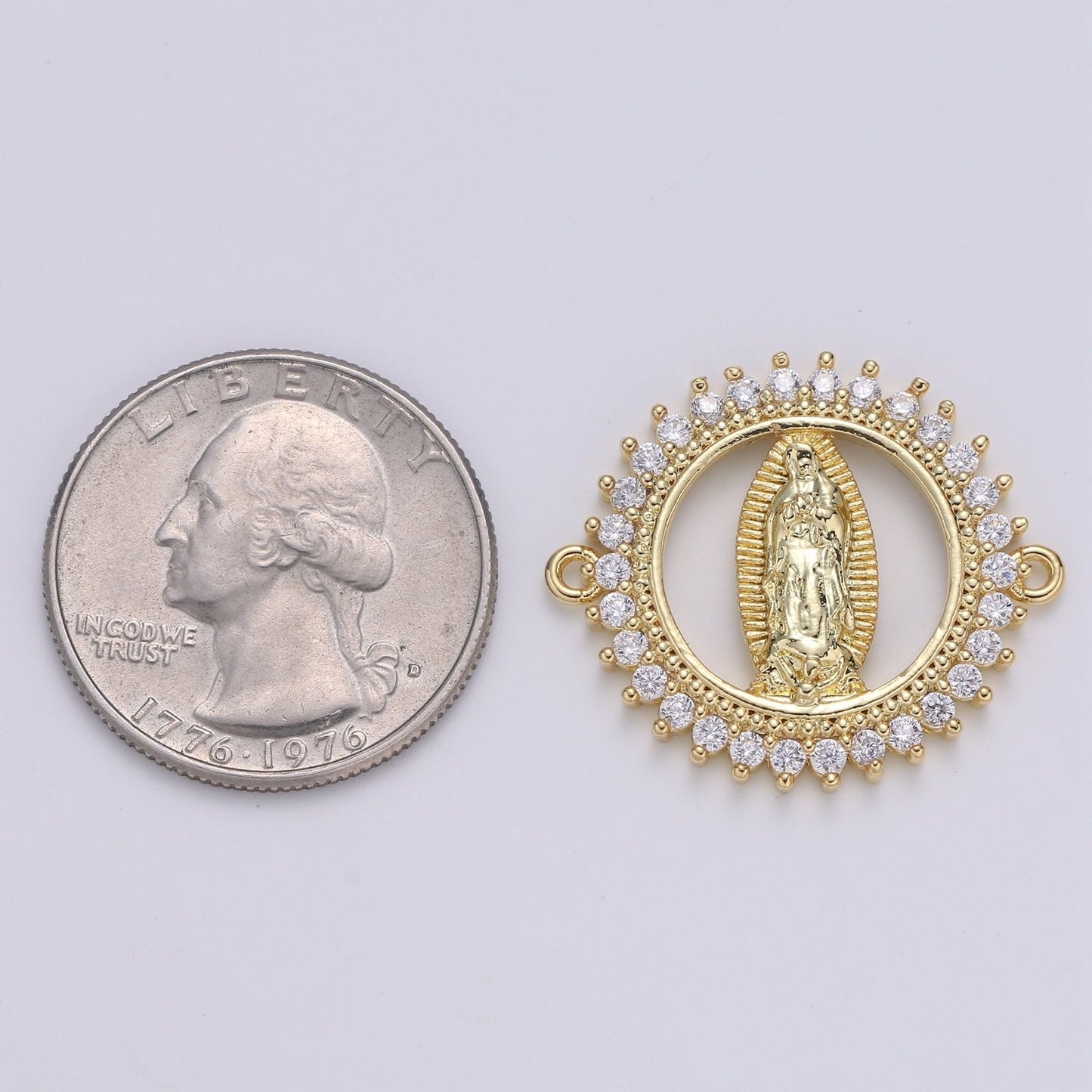 CZ Micro paved Gold Virgin Mother Mary Connectors, Catholic Baptism Charm, Medallion Religious Jewelry Craft Supply, cogf 634
