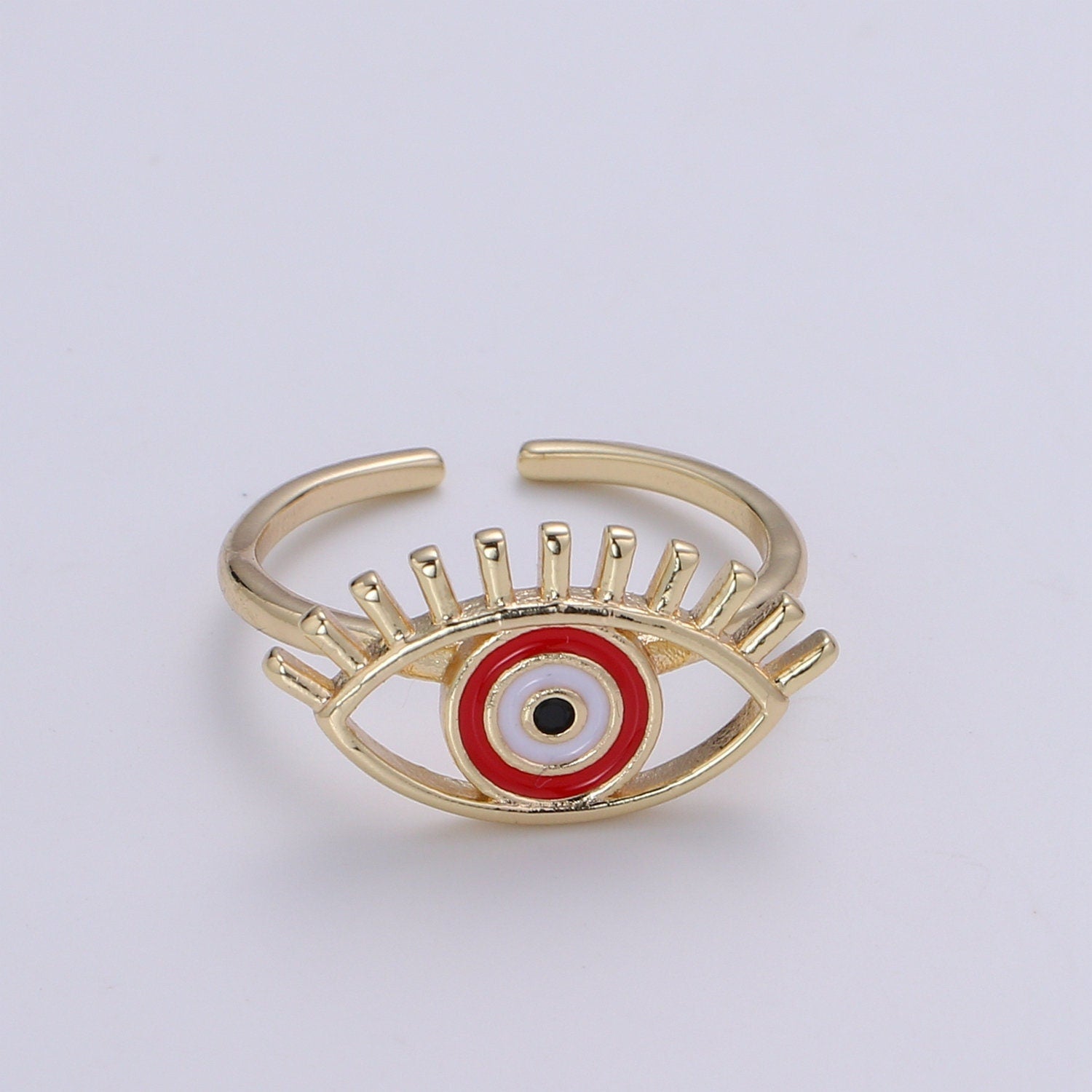 Gold Evil Eye Enamel Ring, Greek Eye Ring,Open Adjustable Stackable Ring, Gift For Women, Black Blue Red Accessory, Large Evil Eye R-351~318