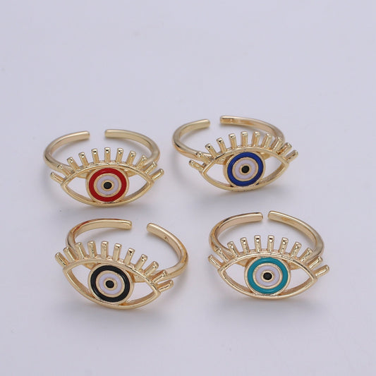Gold Evil Eye Enamel Ring, Greek Eye Ring,Open Adjustable Stackable Ring, Gift For Women, Black Blue Red Accessory, Large Evil Eye R-351~318