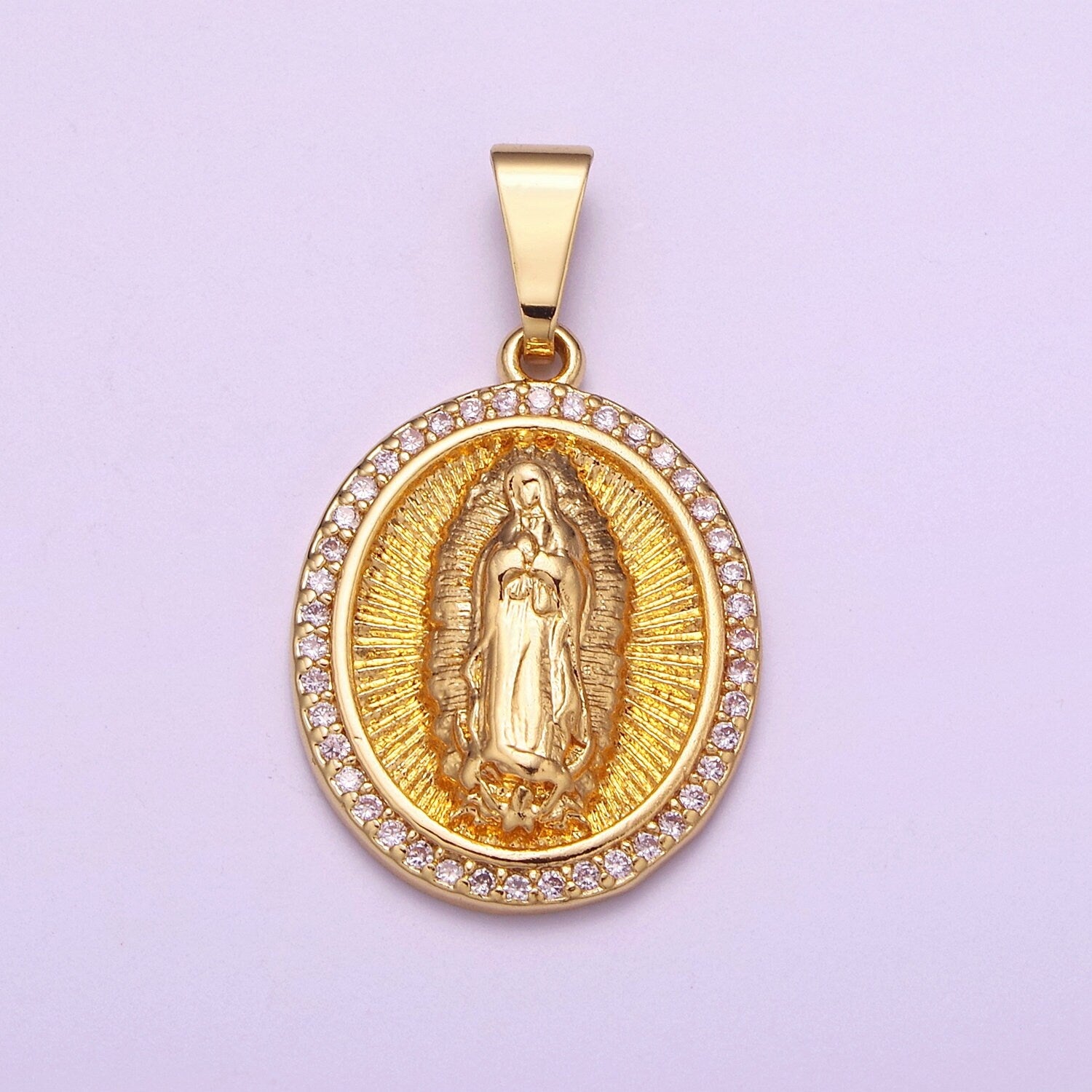 Medallion Gold Micro Pave Lady Guadalupe Charm, Cubic Zirconia Virgin Mary Pendant Religious Charm, For DIY Jewelry H-891