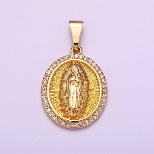 Medallion Gold Micro Pave Lady Guadalupe Charm, Cubic Zirconia Virgin Mary Pendant Religious Charm, For DIY Jewelry H-891