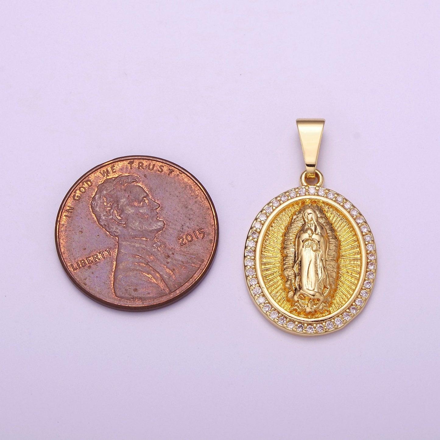 Medallion Gold Micro Pave Lady Guadalupe Charm, Cubic Zirconia Virgin Mary Pendant Religious Charm, For DIY Jewelry H-891