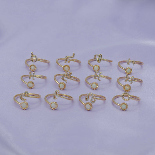 Opal Zodiac Ring Constellation Sign Cubic Zirconia Gold Ring, Astrology Horoscope Ring Birthday Personalized Gift for Her Wife friend R363