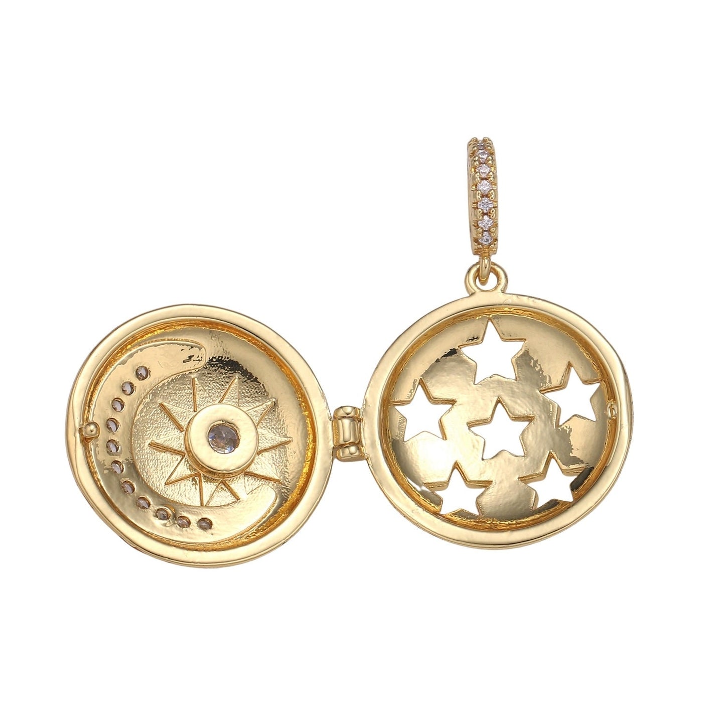 Double Sided Celestial Jewelry Gold Crescent Moon Charm Jewelry Making Supply CZ Gold Charm Rustic Coin Charm Star Jewelry, pdgf-2168