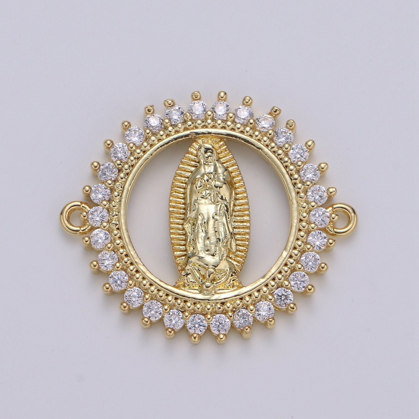 CZ Micro paved Gold Virgin Mother Mary Connectors, Catholic Baptism Charm, Medallion Religious Jewelry Craft Supply, cogf 634