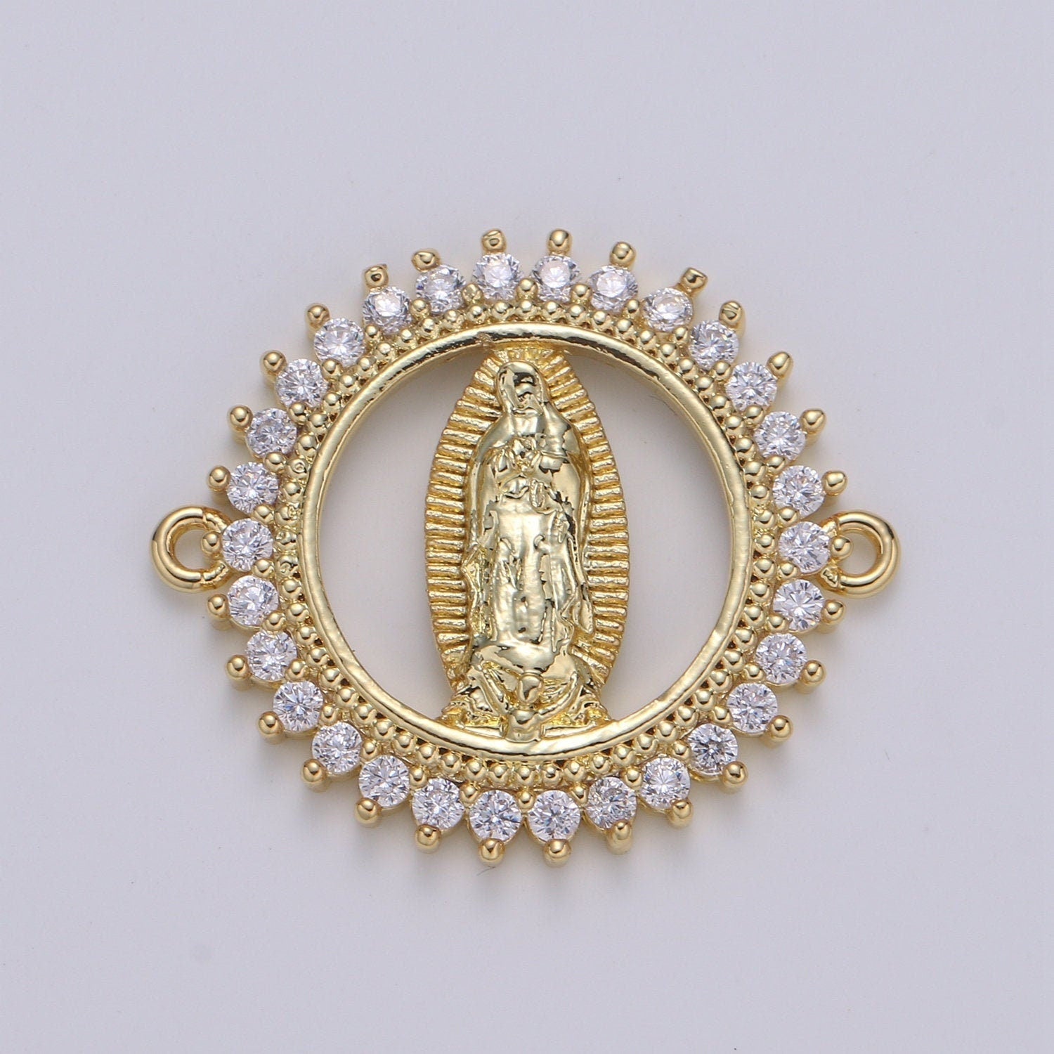 CZ Micro paved Gold Virgin Mother Mary Connectors, Catholic Baptism Charm, Medallion Religious Jewelry Craft Supply, cogf 634