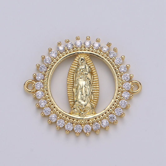 CZ Micro paved Gold Virgin Mother Mary Connectors, Catholic Baptism Charm, Medallion Religious Jewelry Craft Supply, cogf 634