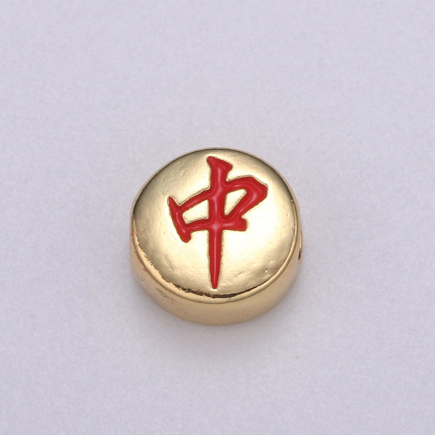 1x Dainty Mahjong Bead Charms for Jewelry Supply Gold Mahjong Tile Bead Spacer Chinese Character Red Dragon Center Tile Wealth