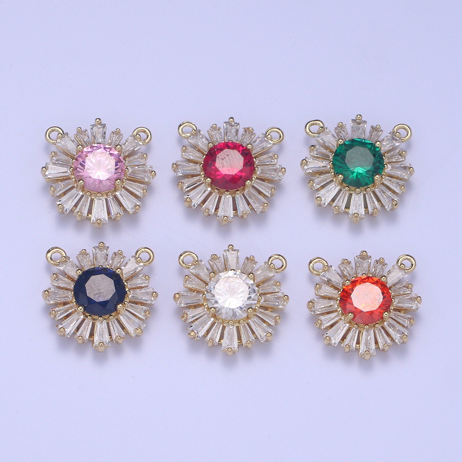 Sunburst Gold Pave Circle Necklace Charm Connector Baguette Stone Bracelet Charm, Two-Hole Round Charm, Pave Sun burst, CZ Charms