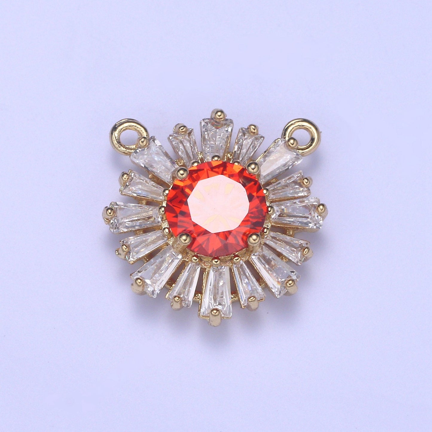 Sunburst Gold Pave Circle Necklace Charm Connector Baguette Stone Bracelet Charm, Two-Hole Round Charm, Pave Sun burst, CZ Charms