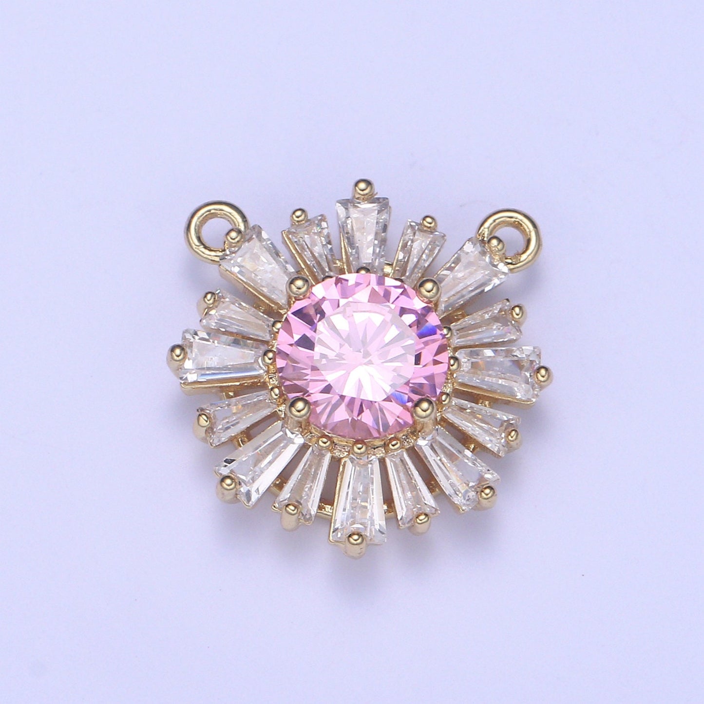 Sunburst Gold Pave Circle Necklace Charm Connector Baguette Stone Bracelet Charm, Two-Hole Round Charm, Pave Sun burst, CZ Charms