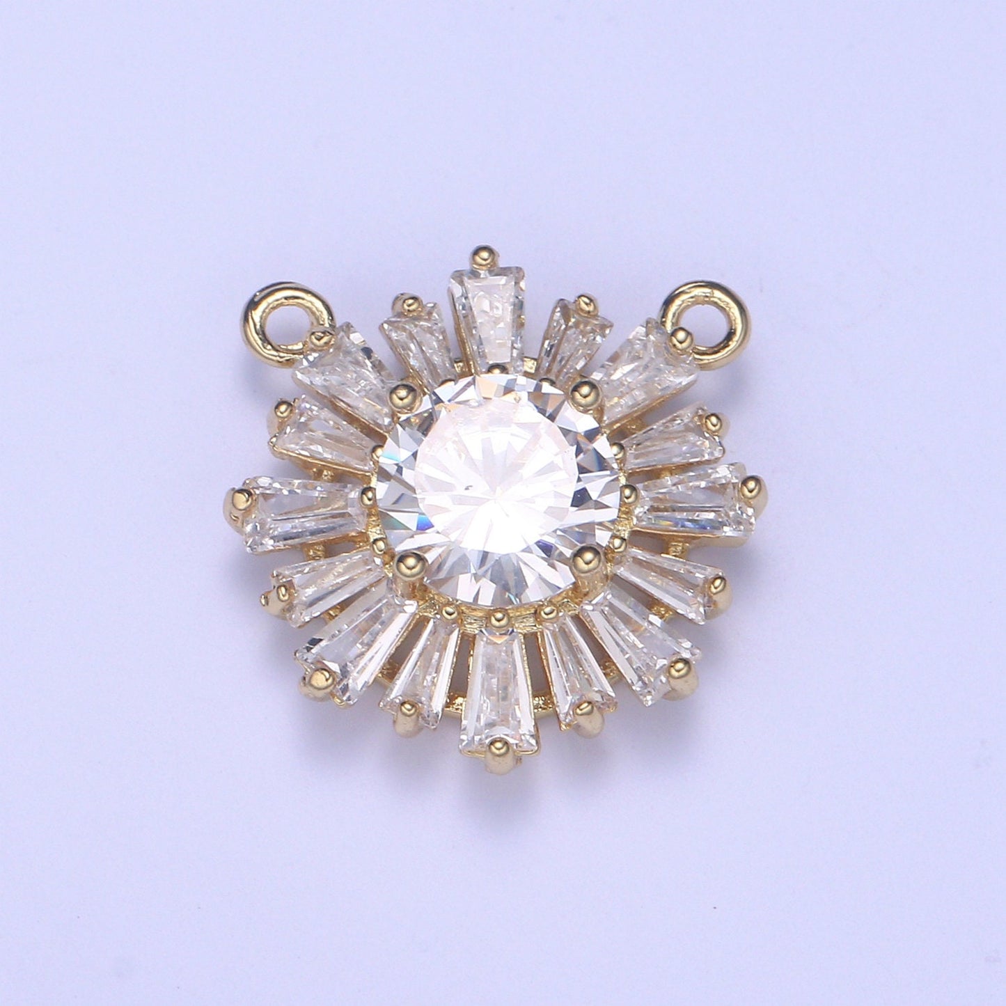 Sunburst Gold Pave Circle Necklace Charm Connector Baguette Stone Bracelet Charm, Two-Hole Round Charm, Pave Sun burst, CZ Charms