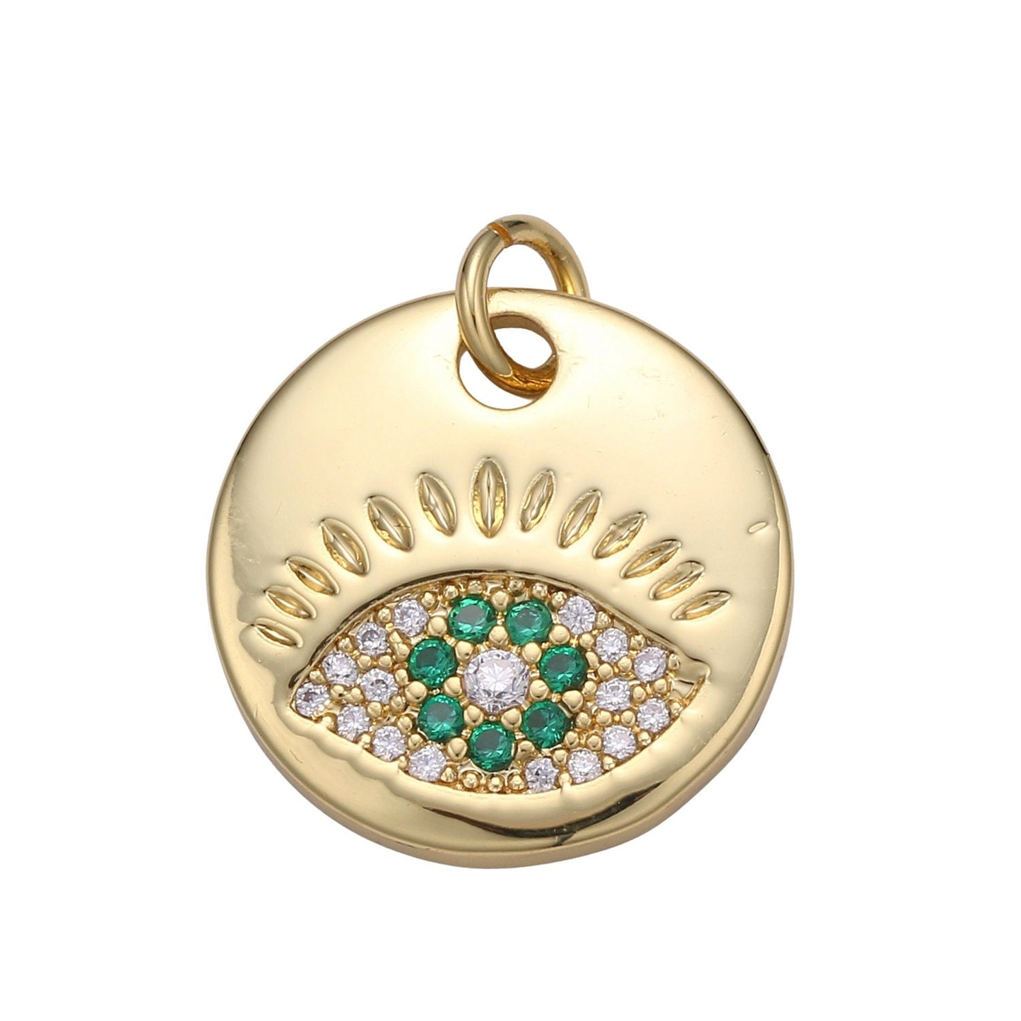 1Pc 24K Gold Evil Eye Round Circle Charm Medallion Coin Round ,Blue, Red, Green, Teal CZ Eye of Ra Charm for Necklace,chgf 2018-2021