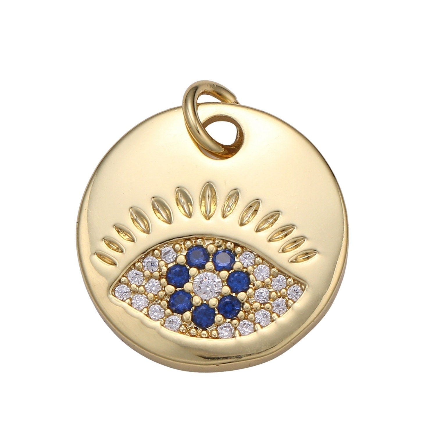 1Pc 24K Gold Evil Eye Round Circle Charm Medallion Coin Round ,Blue, Red, Green, Teal CZ Eye of Ra Charm for Necklace,chgf 2018-2021