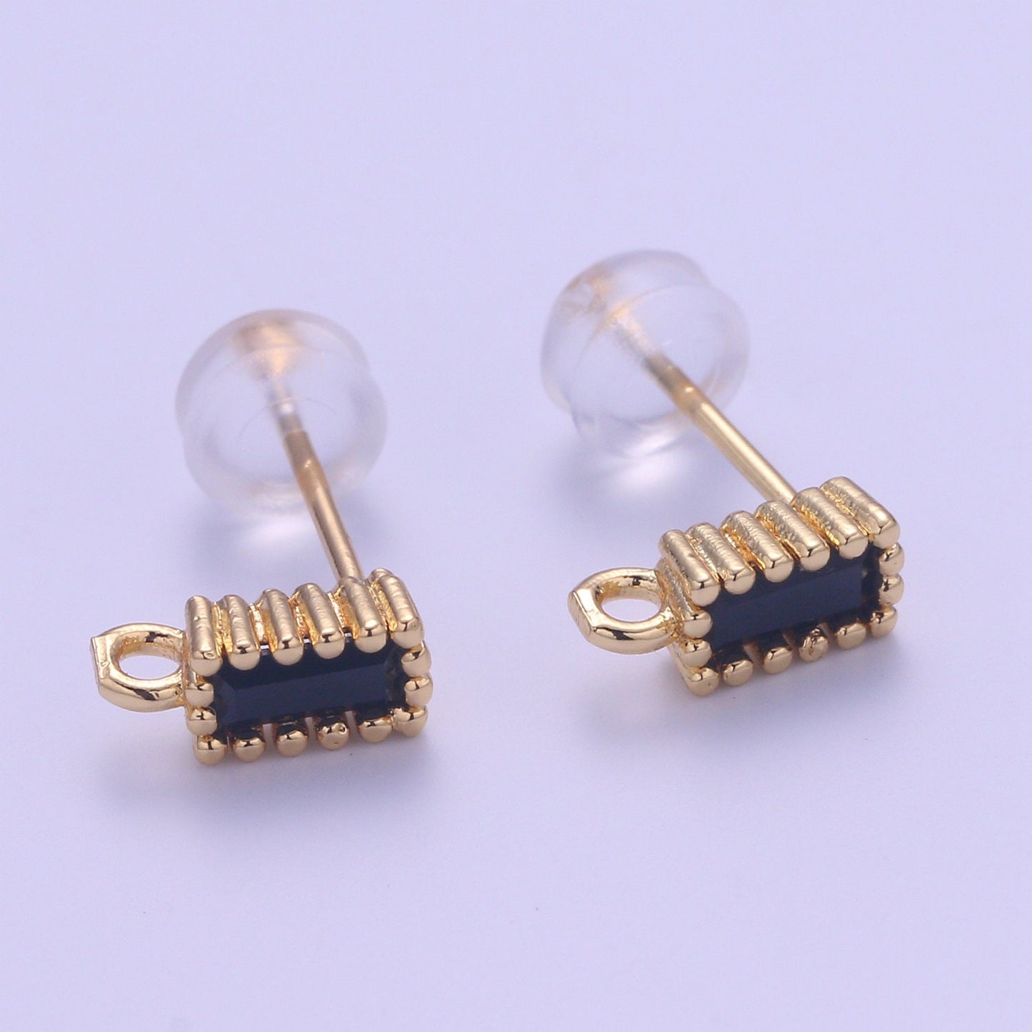 1 pair Rectangle Cubic Earring Post w/ open link Gold plated brass, Nickel free, Cubic zirconia, Charm Dangling earring supplies L278