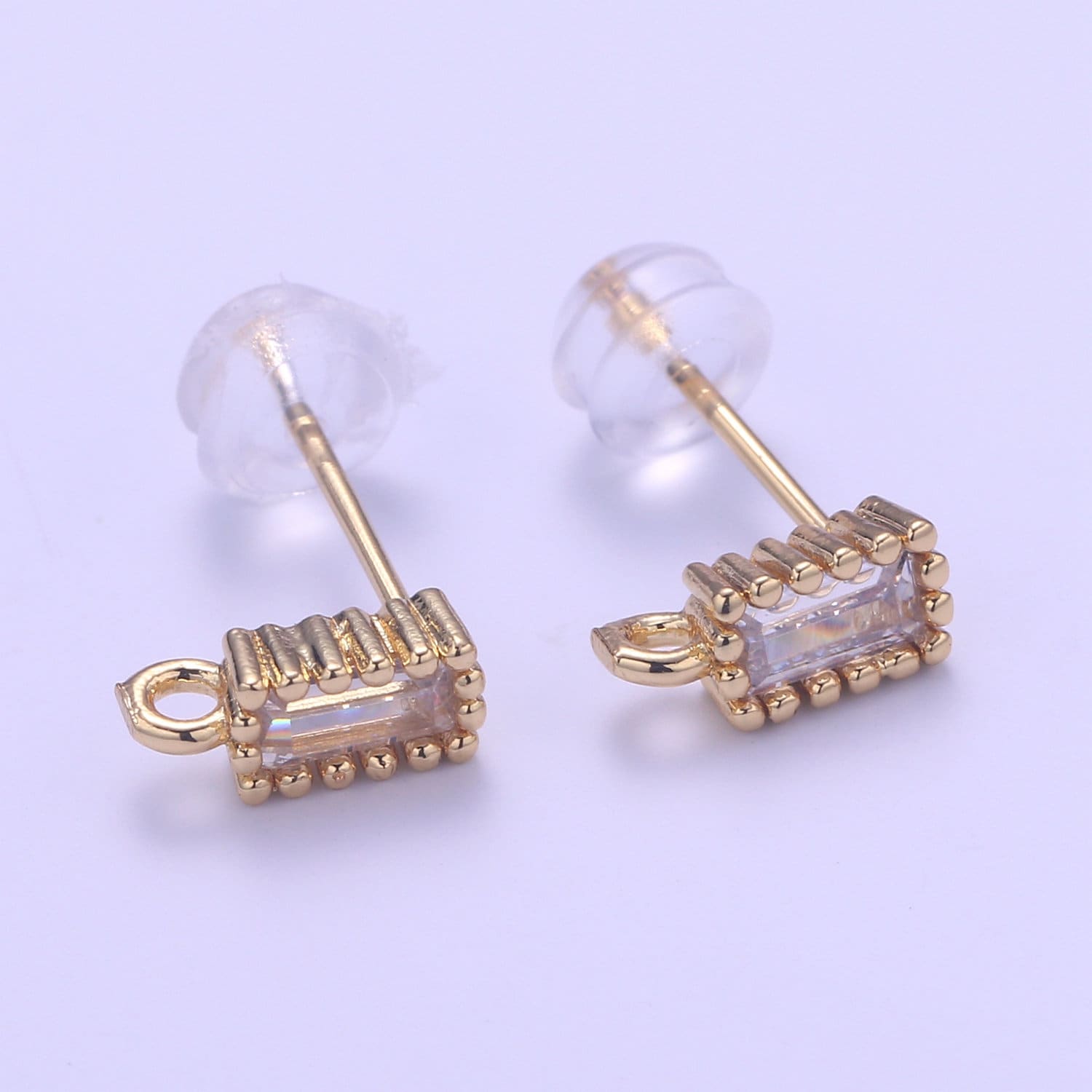 1 pair Rectangle Cubic Earring Post w/ open link Gold plated brass, Nickel free, Cubic zirconia, Charm Dangling earring supplies L278