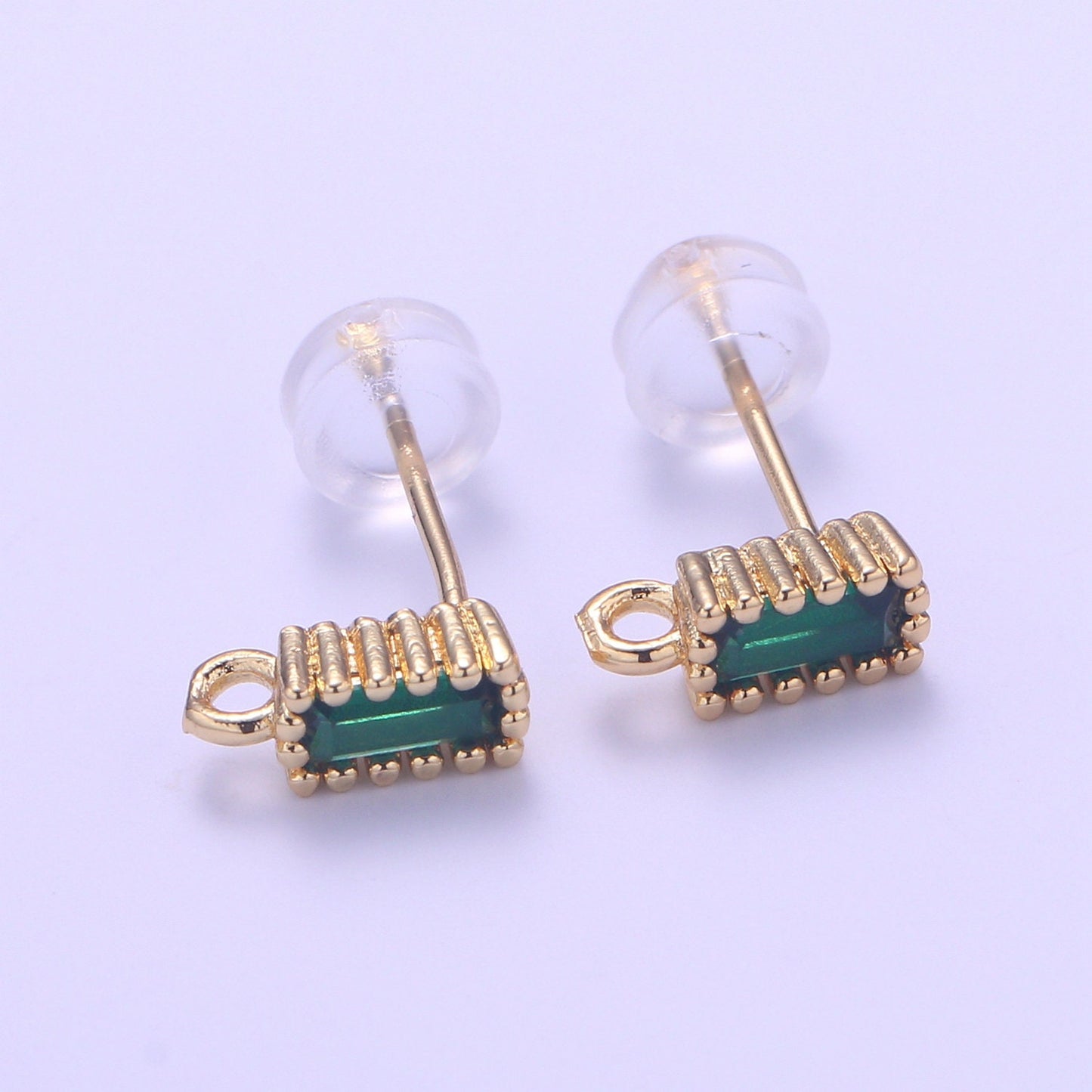 1 pair Rectangle Cubic Earring Post w/ open link Gold plated brass, Nickel free, Cubic zirconia, Charm Dangling earring supplies L278