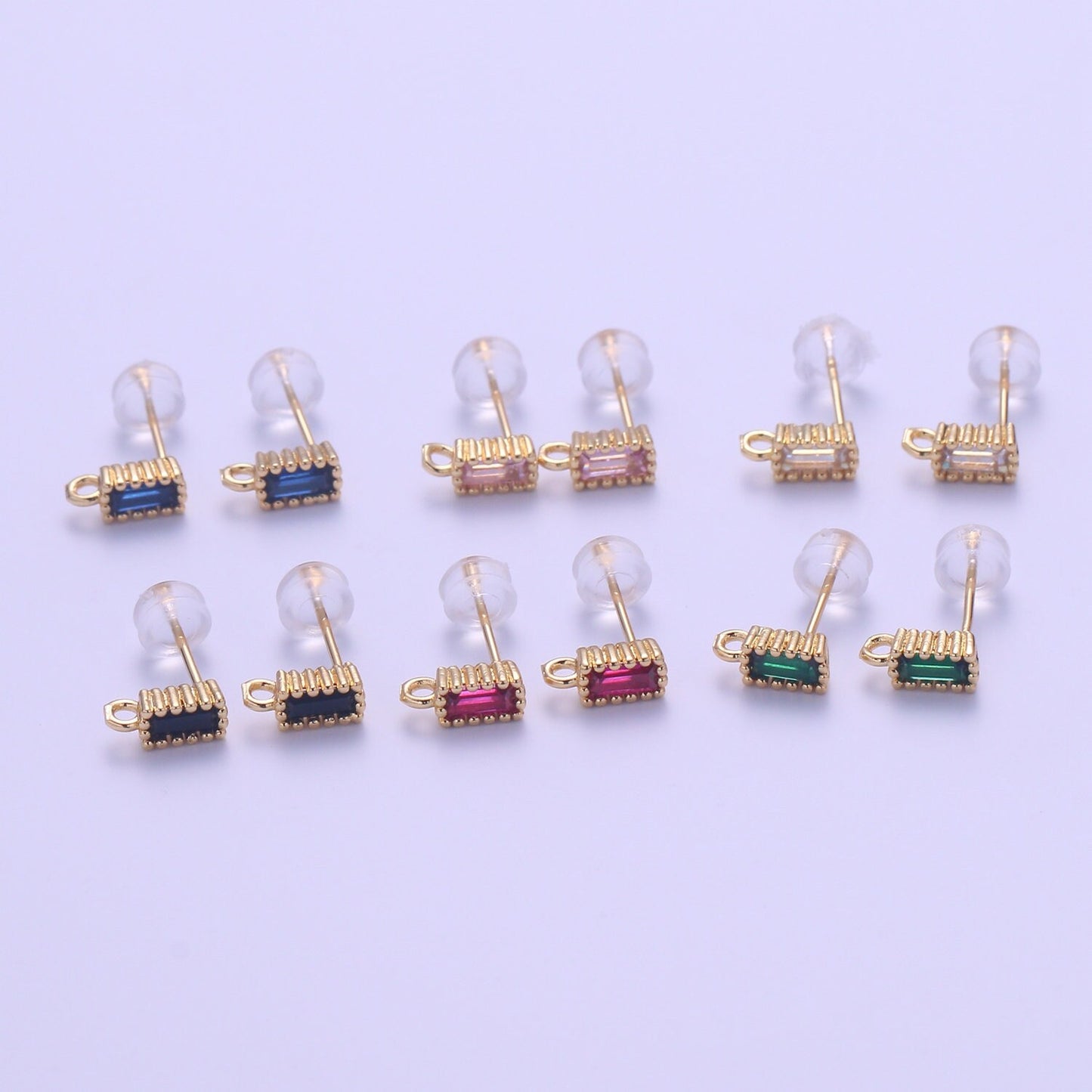 1 pair Rectangle Cubic Earring Post w/ open link Gold plated brass, Nickel free, Cubic zirconia, Charm Dangling earring supplies L278