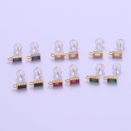 1 pair Rectangle Cubic Earring Post w/ open link Gold plated brass, Nickel free, Cubic zirconia, Charm Dangling earring supplies L278