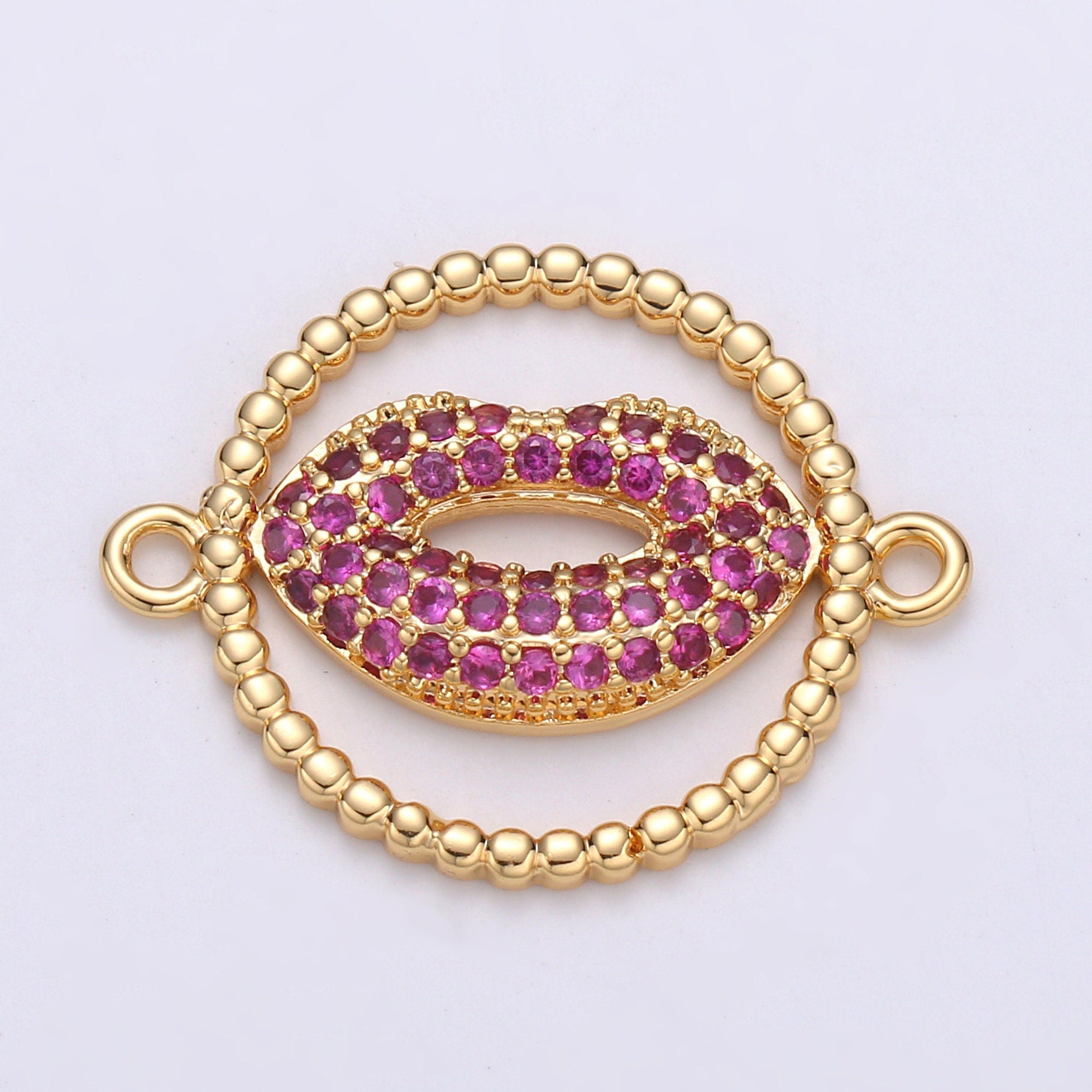 1pc Gold Red Lips Kiss Micro Pave Connector Charm, Contour Lip Cubic Zirconia Pendant Charm, For DIY Jewelry, Gold Color, cogf- 615