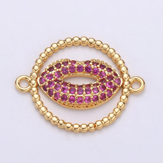 1pc Gold Red Lips Kiss Micro Pave Connector Charm, Contour Lip Cubic Zirconia Pendant Charm, For DIY Jewelry, Gold Color, cogf- 615