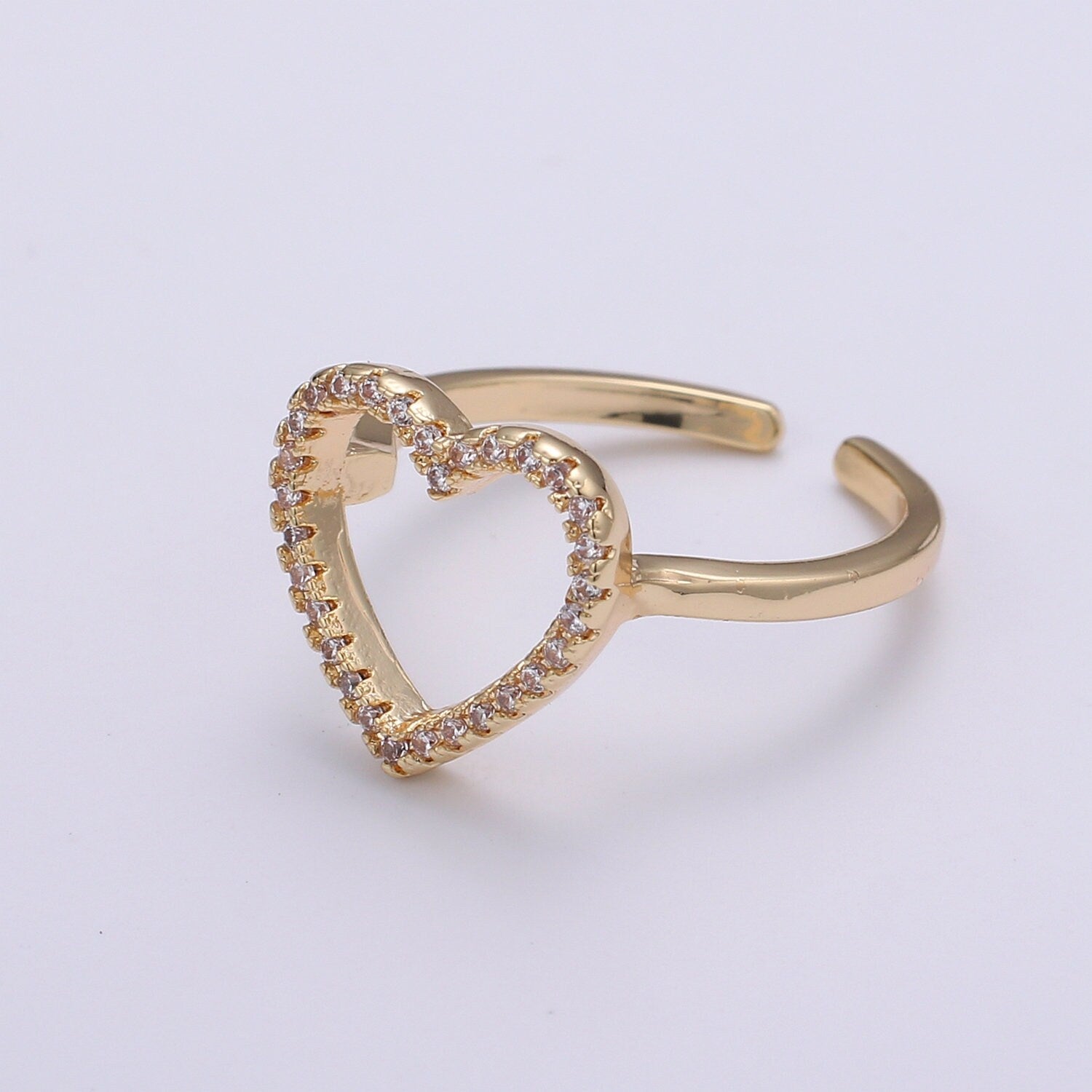 1pc Clear CZ Love 18k Gold Ring, Heart Cubic Adjustable Gold Curb Ring, Simple Ring,Clear Cubic Zirconia Ring- 282