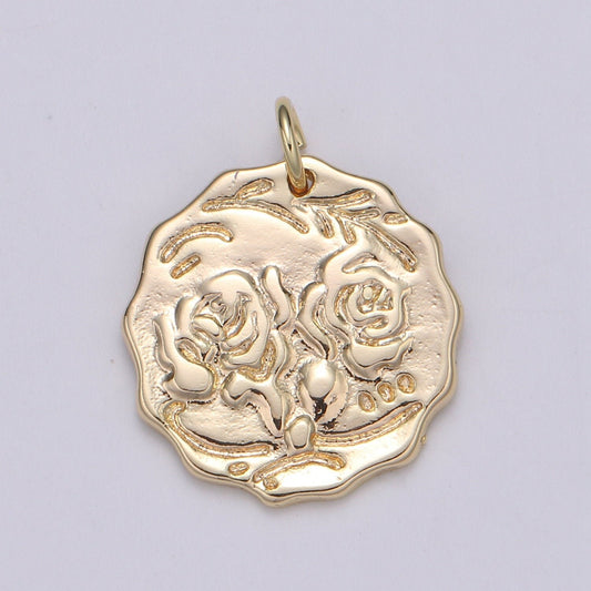 Rose Pendant Charm, Flower Pendant, Gold Coin Medallion Charm Rose Petal Charm Bracelet Earring Necklace, chgf-2060