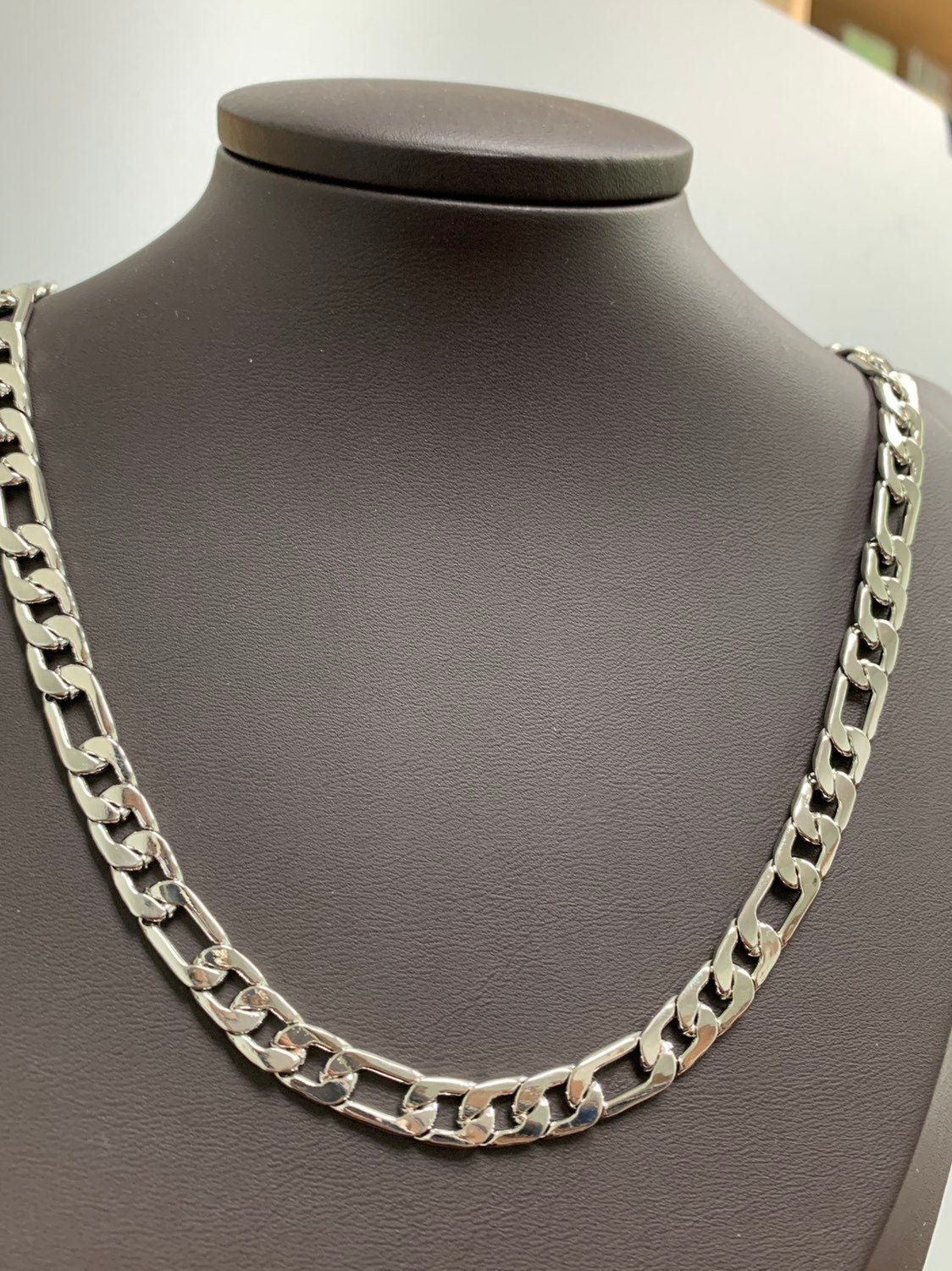 7mm, Wide Figaro White Gold Chain by Yard, Chunky Silver Figaro Chain, Wholesale bulk Roll Chain DIY Craft, Roll-505