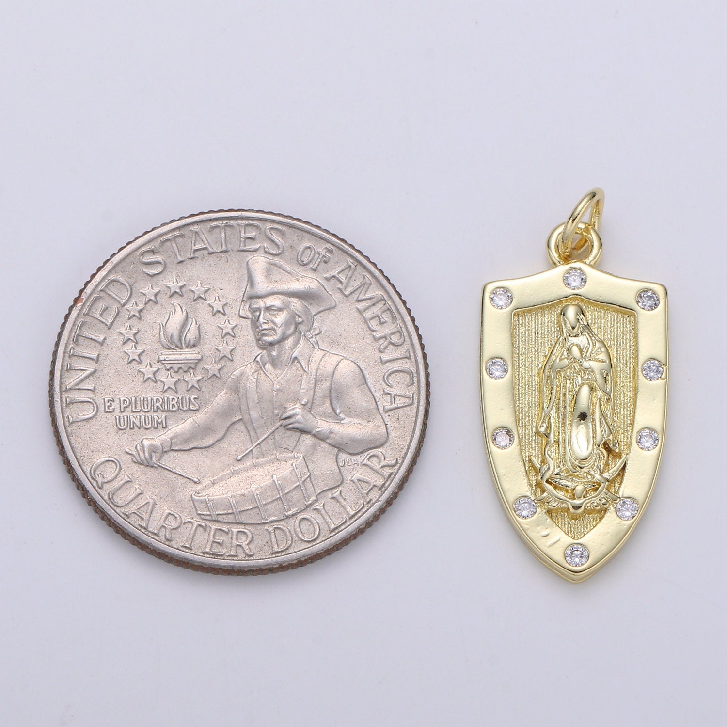 Gold Virgin Mary Medieval Shield, Decorative Edge,Protection Medallion Pendant Religious Jewelry Charm Pendant for Necklace,chgf-2075