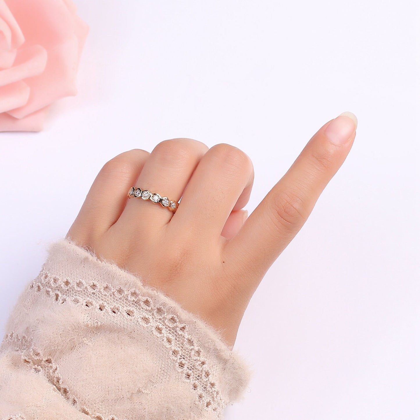 18k Gold Plated Honeycomb Ring, Beehive Stacking Rings Cz Geometric Ring, Simple Ring, Perfect Gift Jewelry SIZE 6 O325