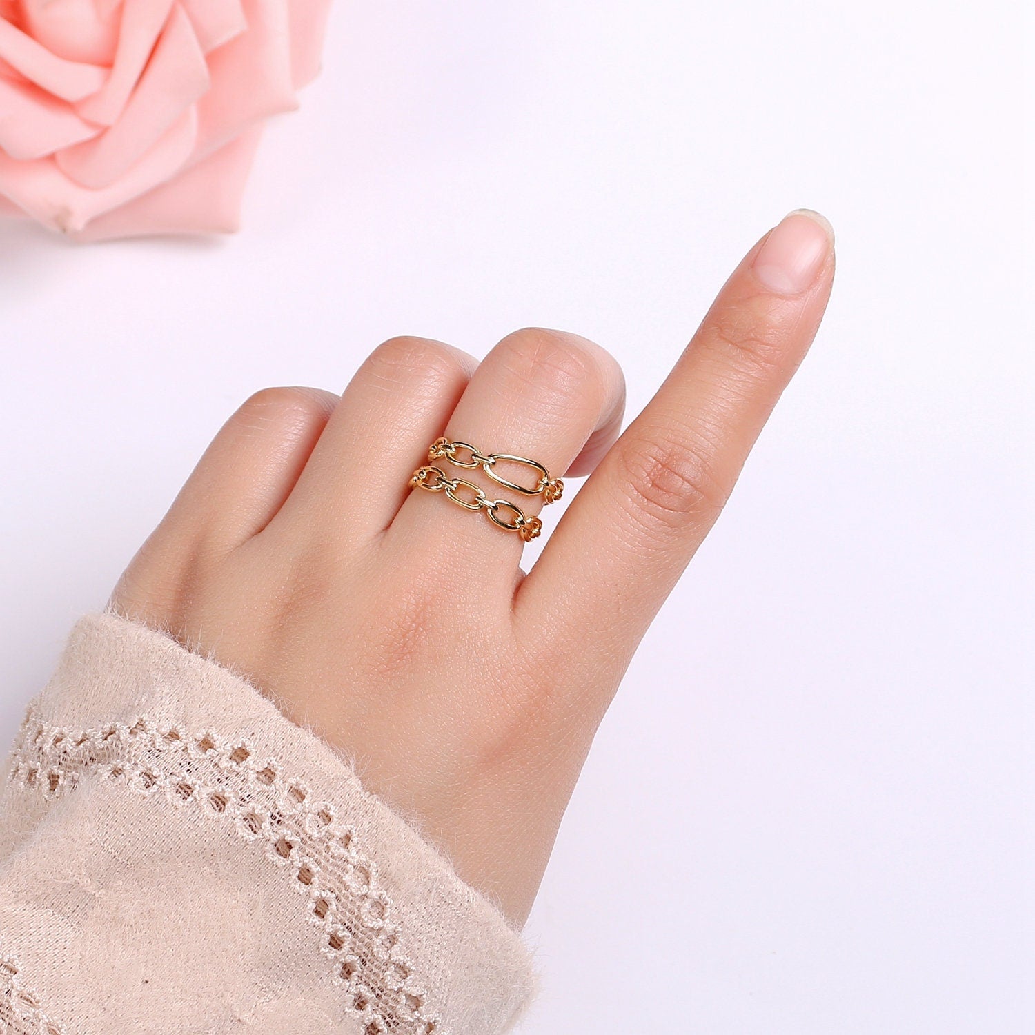 Gold Figaro Curb Chain Ring, Link Chain Ring | Open adjustable Gold rings | chain rings | Simple stackable chain ring 303