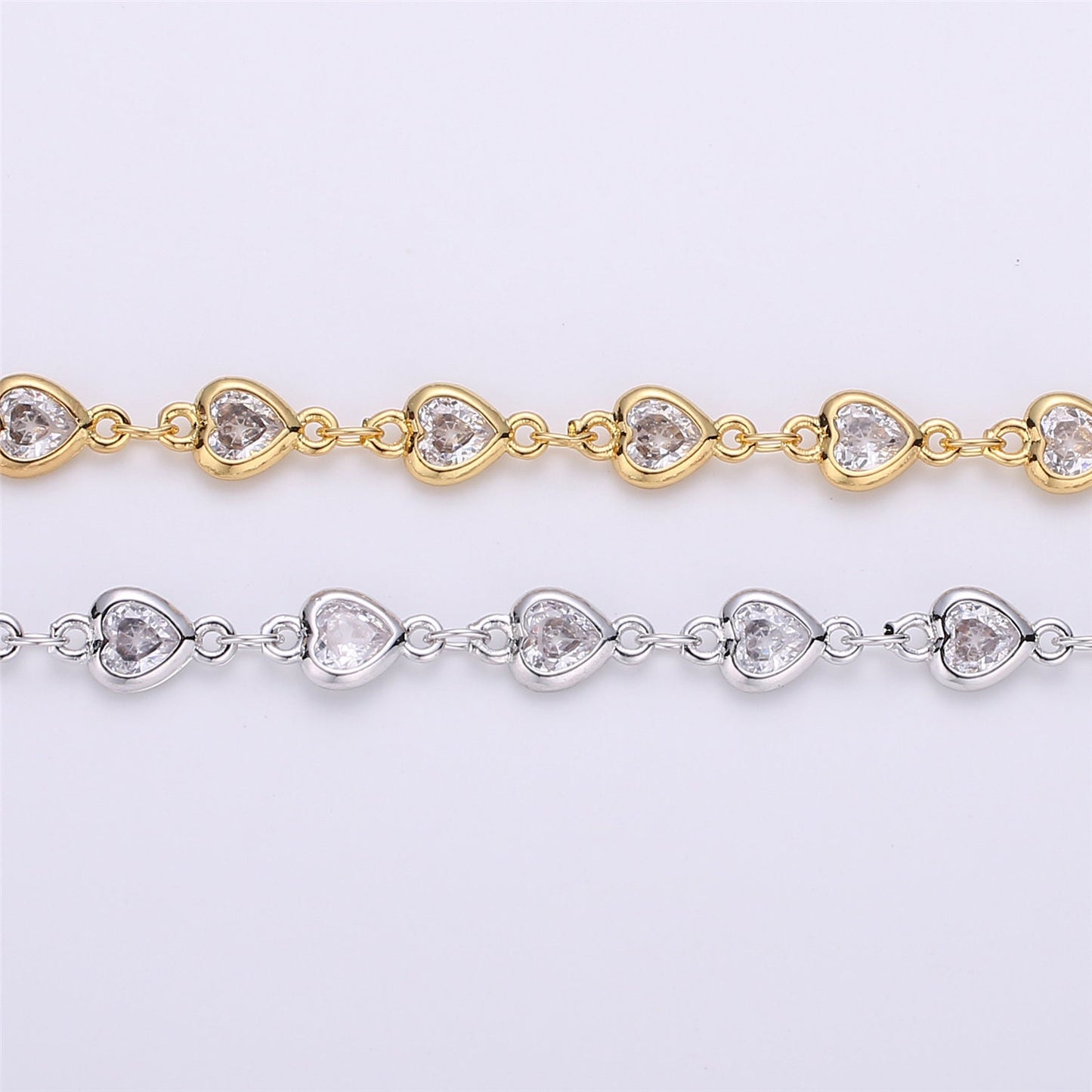 14K Gold Micro Pave Heart Charm Chain by Yard, Micro Pave CZ Heart Charm Specialty Link Chain, CZ Charm size 9x4mm, Roll- 117, 118