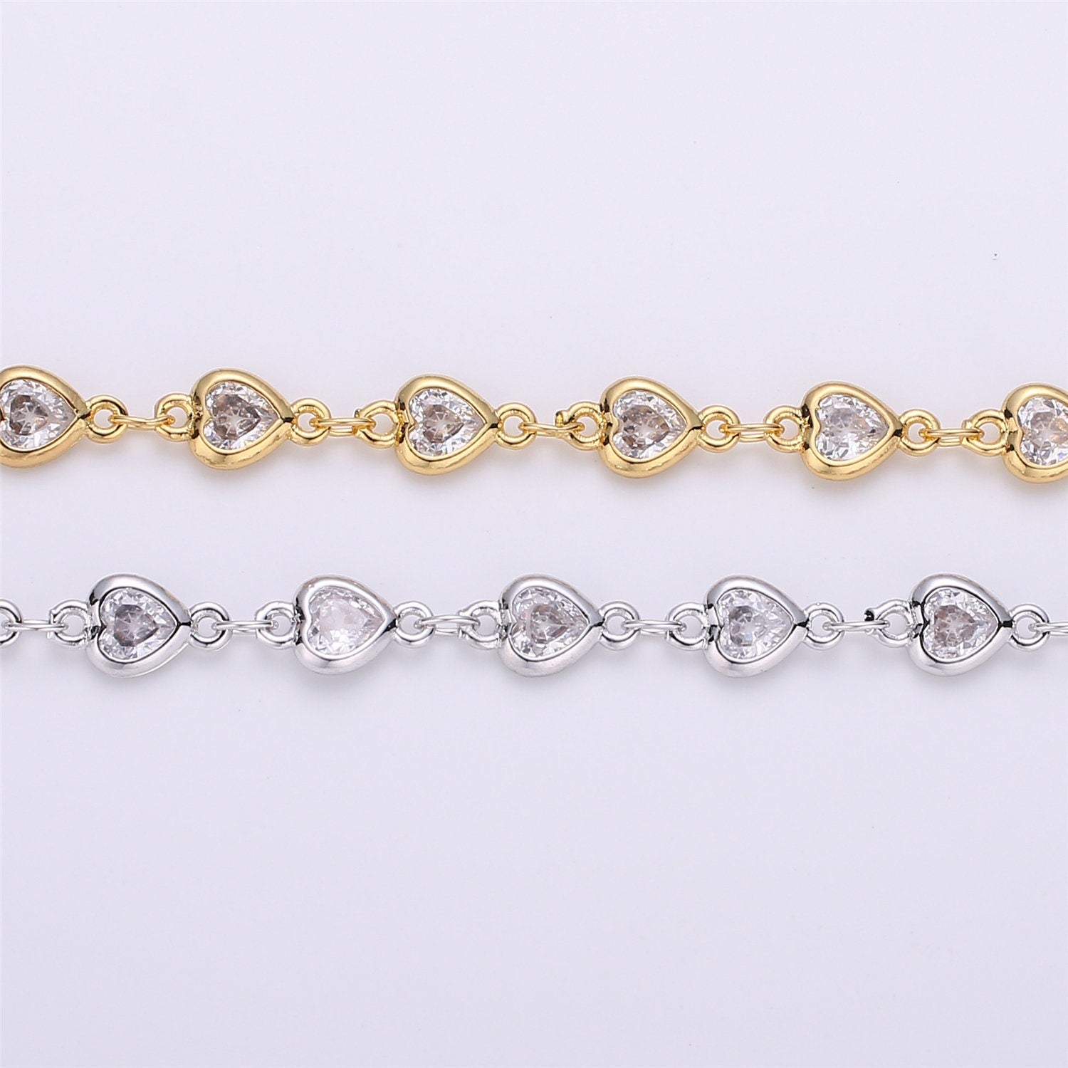 14K Gold Micro Pave Heart Charm Chain by Yard, Micro Pave CZ Heart Charm Specialty Link Chain, CZ Charm size 9x4mm, Roll- 117, 118