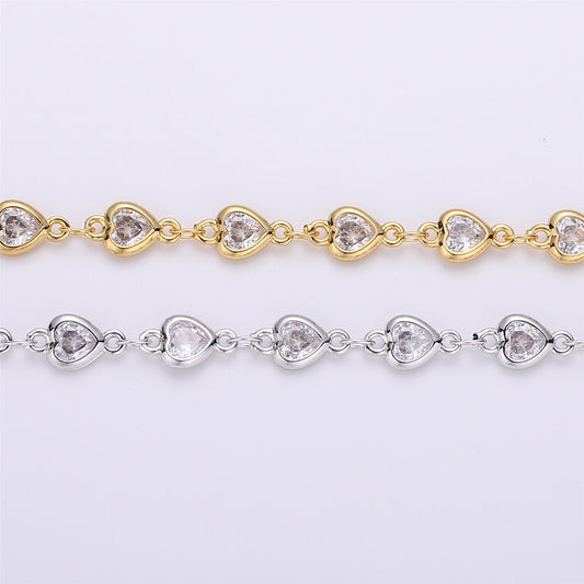 14K Gold Micro Pave Heart Charm Chain by Yard, Micro Pave CZ Heart Charm Specialty Link Chain, CZ Charm size 9x4mm, Roll- 117, 118