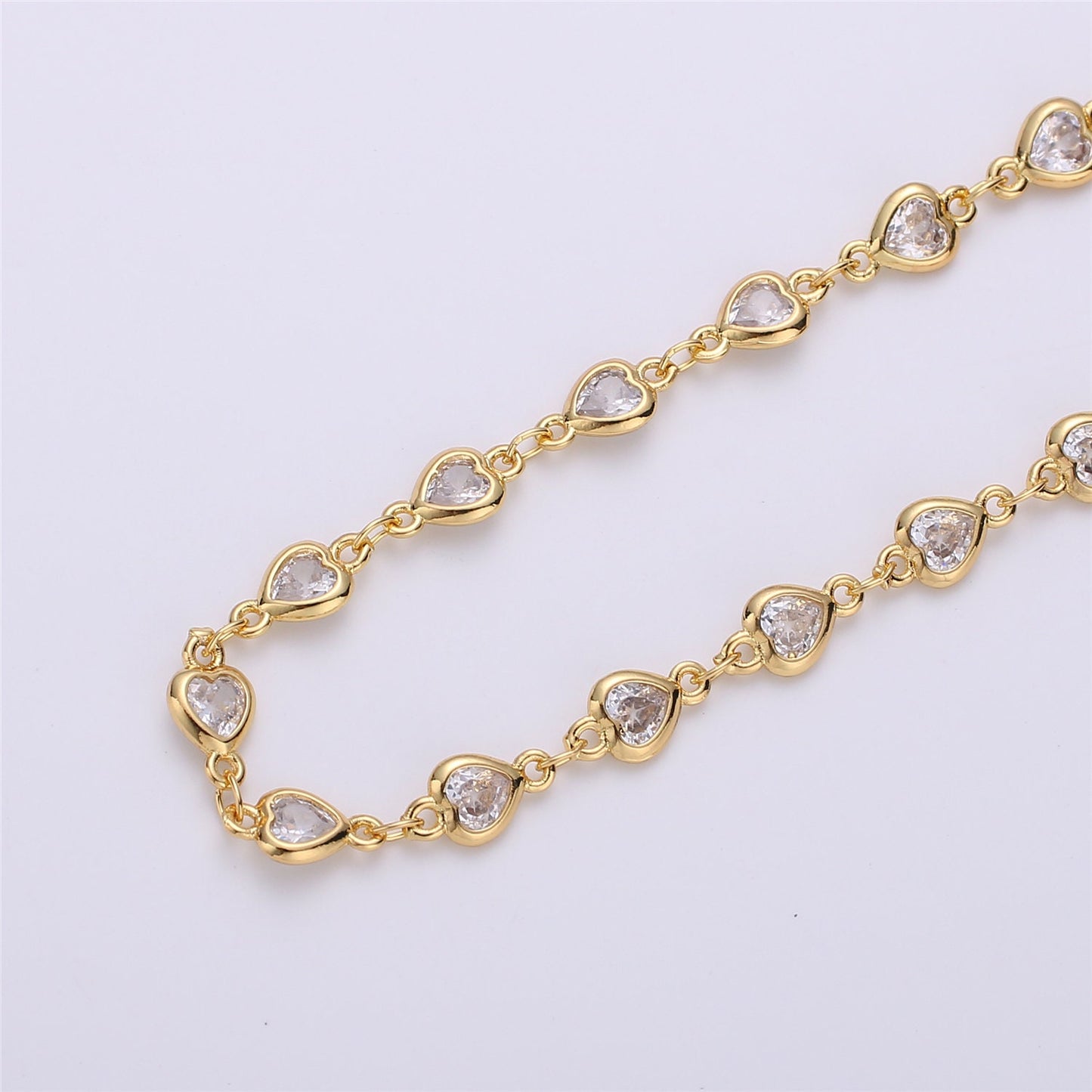 14K Gold Micro Pave Heart Charm Chain by Yard, Micro Pave CZ Heart Charm Specialty Link Chain, CZ Charm size 9x4mm, Roll- 117, 118