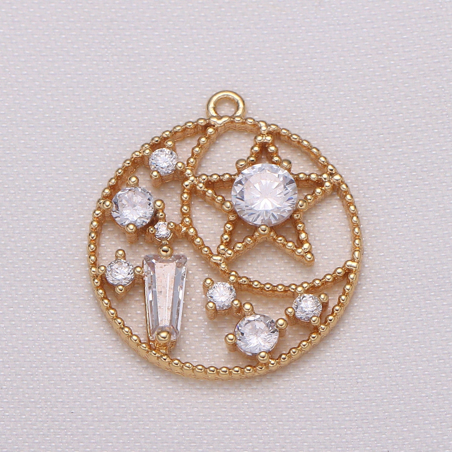 Gold Universe Pendant Charm, Moon and Star Charm Celestial Solar System Charm Micro Pave Space Necklace Component -690