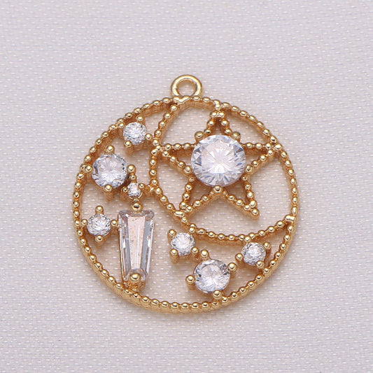 Gold Universe Pendant Charm, Moon and Star Charm Celestial Solar System Charm Micro Pave Space Necklace Component -690