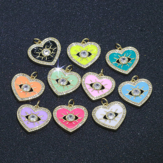 Gold Filled Evil Eye Charm Enamel Eye Heart Pendant Micro Pave Eye Charm Cubic ZIrconia Love Amulet Jewelry Medallion