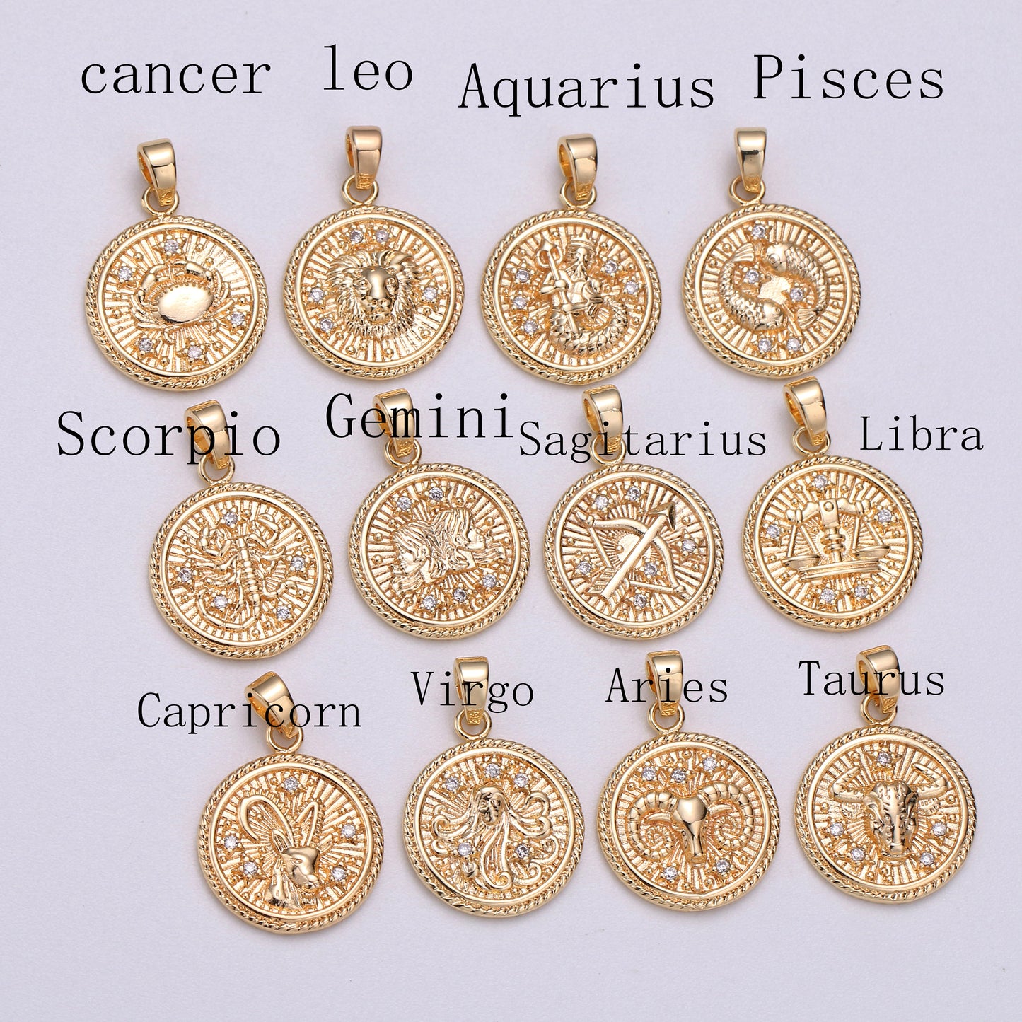 Dainty Zodiac Horoscope Sign Constellation Medallion Pendant Charm Textured Coin Decorative Edge for Necklace Jewelry Making, A1701--1706