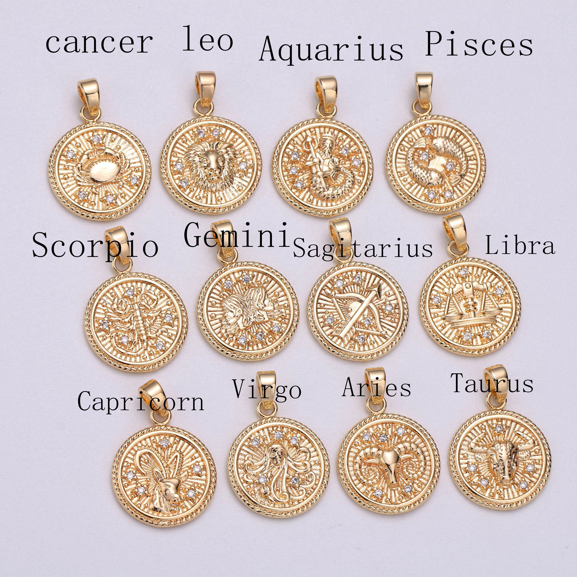 Dainty Zodiac Horoscope Sign Constellation Medallion Pendant Charm Textured Coin Decorative Edge for Necklace Jewelry Making, A1701--1706
