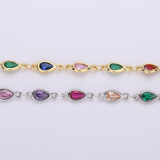 Gold, White Gold Micro Pave Colorful Charm Chain , Rainbow Micro Pave CZ Charm Specialty Link Chain by Foot, Chain size 10x4mm,Roll-115, 116