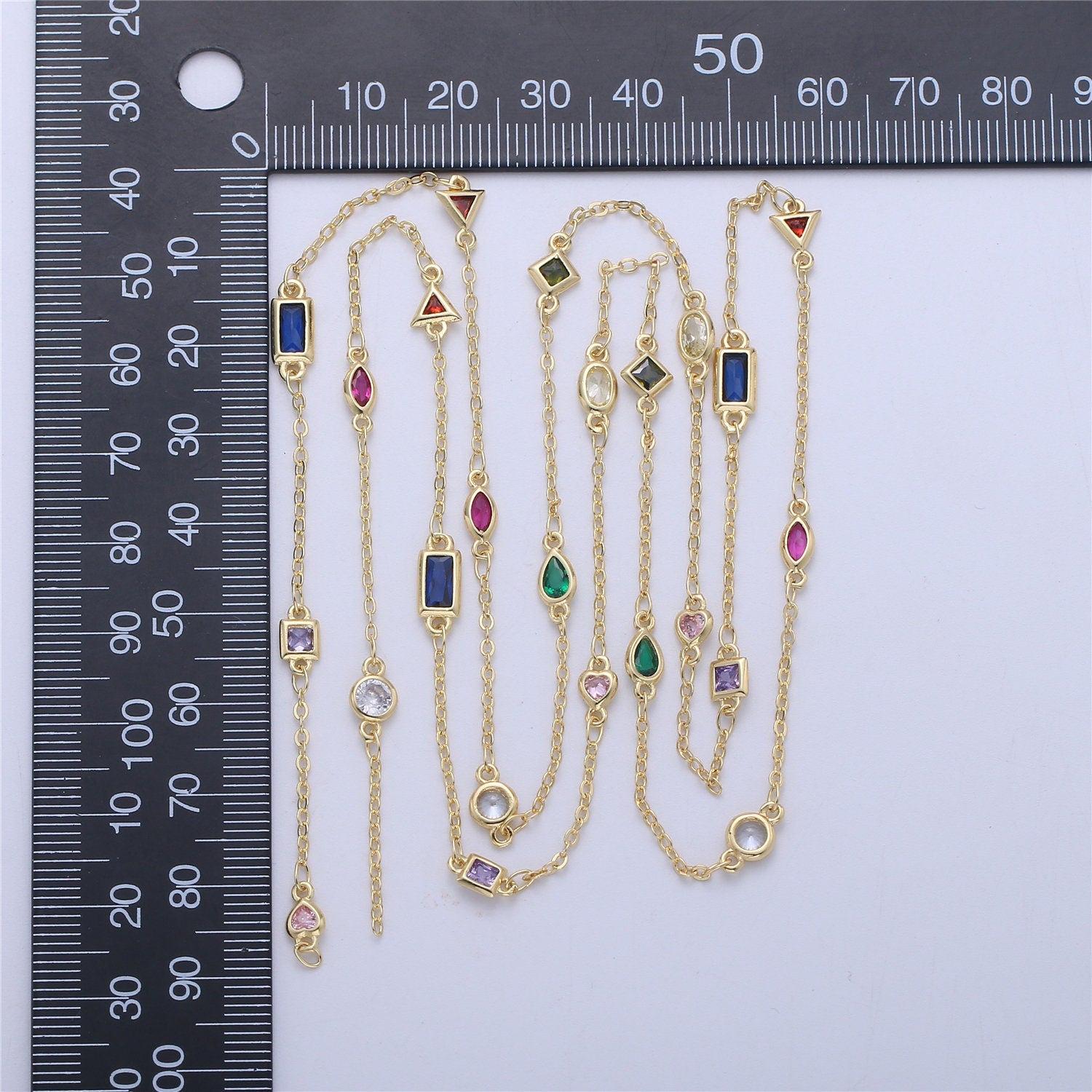 White gold and Gold Micro Pave Colorful Charm Chain by Yard, CZ Charm Specialty Link Chain by Foot, Chain size 11x4.5mm, 55 , 56