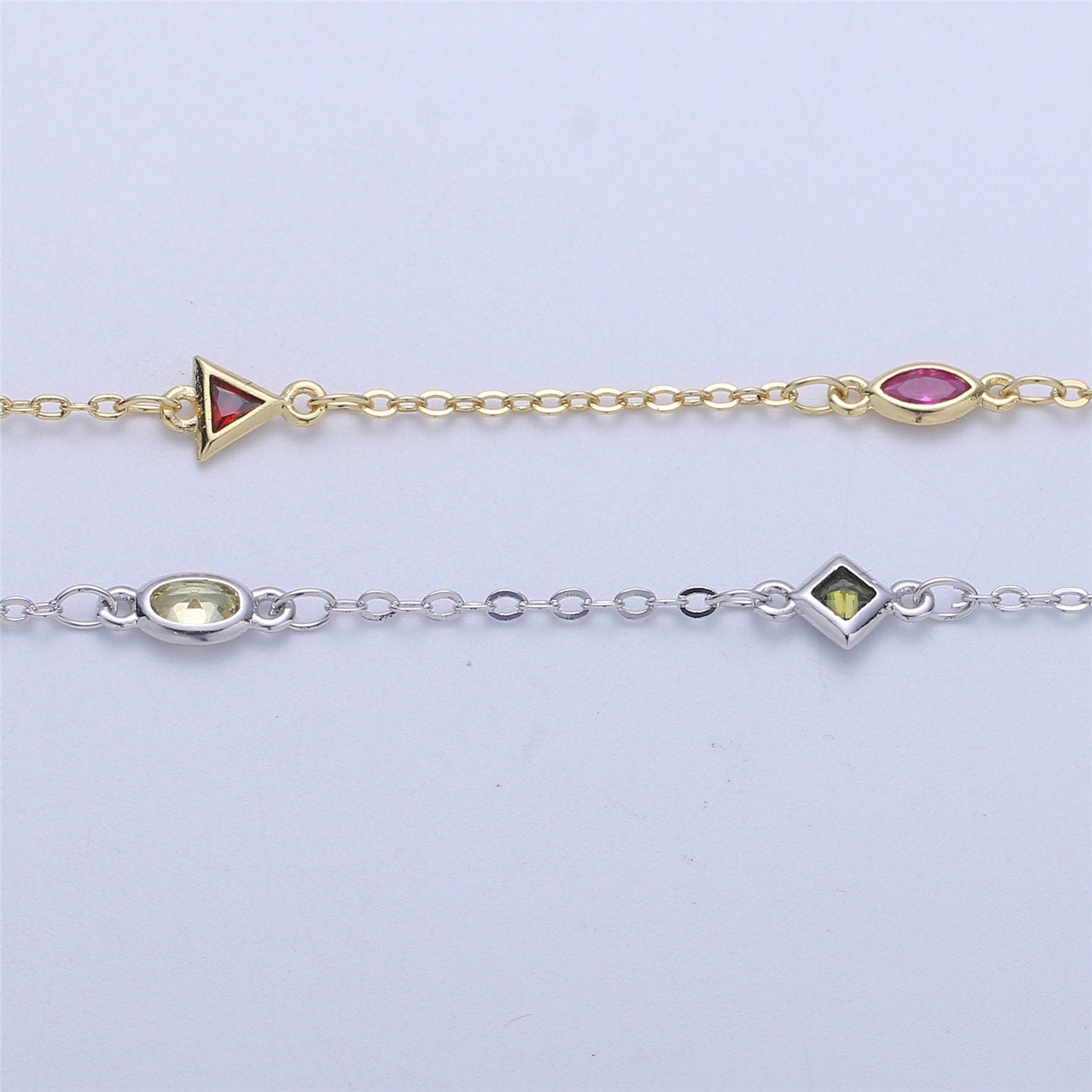 White gold and Gold Micro Pave Colorful Charm Chain by Yard, CZ Charm Specialty Link Chain by Foot, Chain size 11x4.5mm, 55 , 56