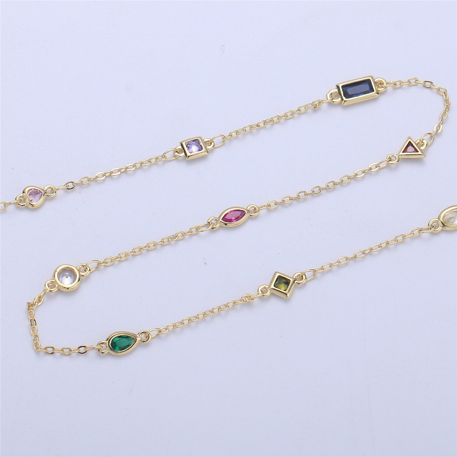 White gold and Gold Micro Pave Colorful Charm Chain by Yard, CZ Charm Specialty Link Chain by Foot, Chain size 11x4.5mm, 55 , 56