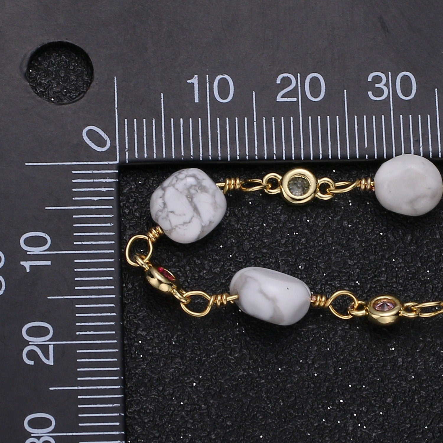 Howlite GemStone Micro Pave Charm 24K Gold Filled Chain by Yard Cubic Round Charm Chain, Semi precious Stone Chain, Roll-337