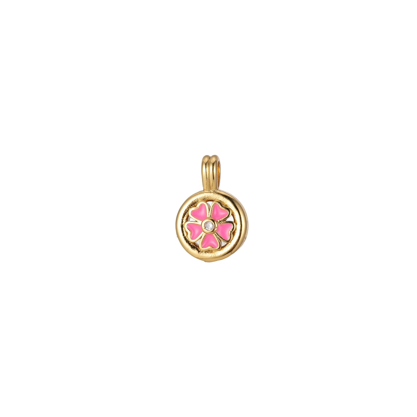 24K Gold Filled Clover Round Medalion Pendant Lucky Good Luck CZ Flower Charm Colorful Enamel Pendant, 2242